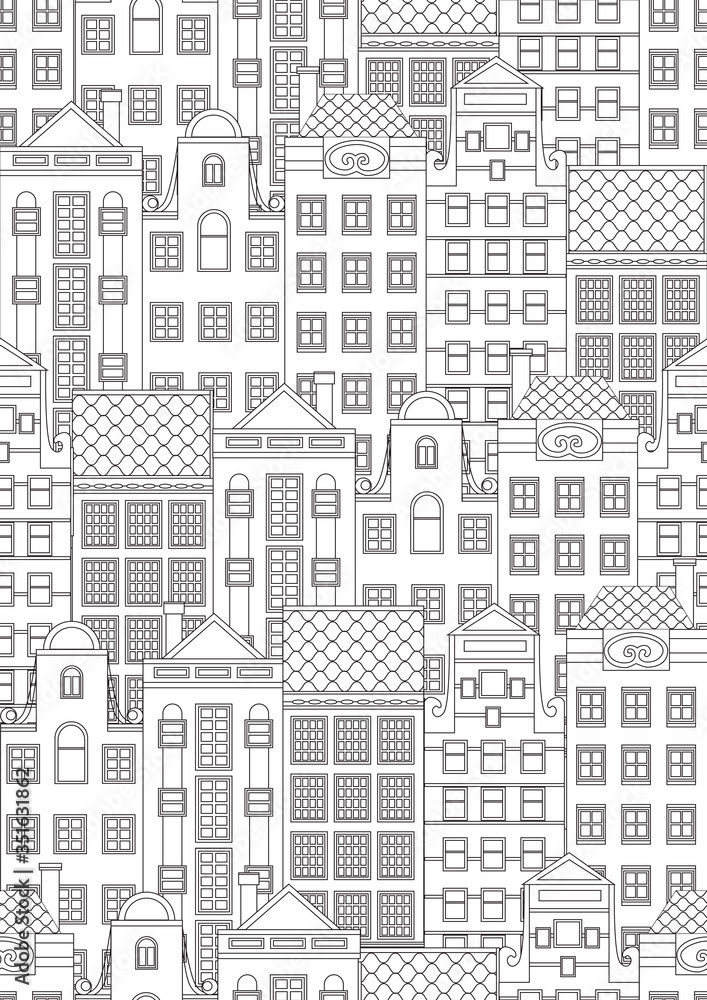 Seamless pattern or coloring page with house facades for anti stress therapy for adults, outline vector stock illustration with architecture of Amsterdam or Holland