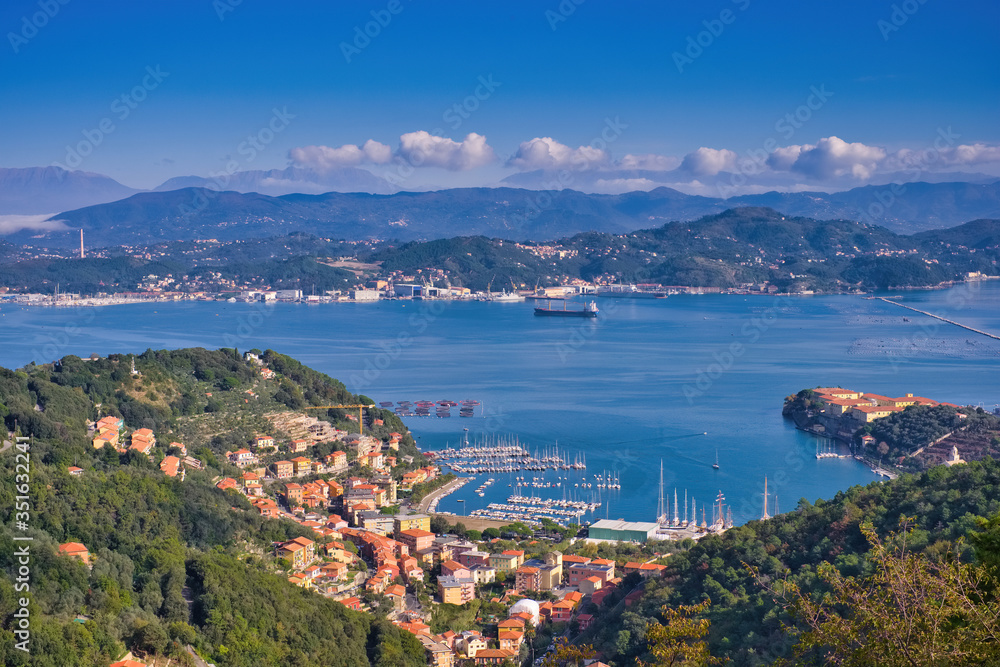 Marine panorama from Campiglia Tramonti towards the port of La Spezia Liguria Italy
