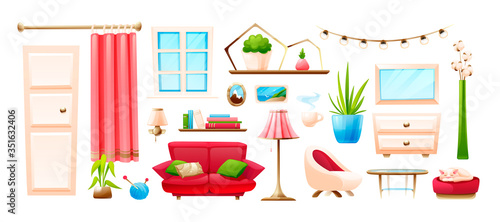 Set of cozy home objects in cartoon style