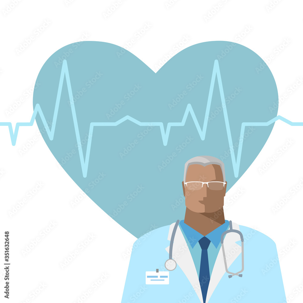 Medical background with doctor, hearth, pulse line and place for text. Vector illustration in a flat style Medical background with doctor, hearth, pulse line and place for text. Vector illustration in a flat style