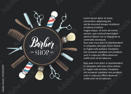 Hand drawn Barber Shop poster with  razor, scissors, shaving brush, comb, classic barber shop Pole in sketch style. Lettering. Space for text. Advertising. Vector illustration. 