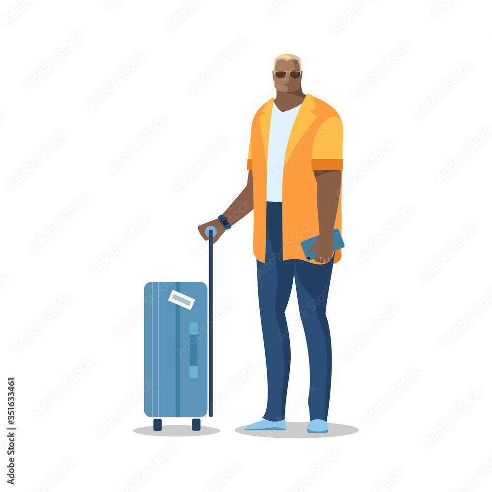 A man with a suitcase, glasses and a summer shirt, a tourist, a traveler in full growth. Vector image in a flat style A man with a suitcase, glasses and a summer shirt, a tourist, a traveler in full growth. Vector image in a flat style