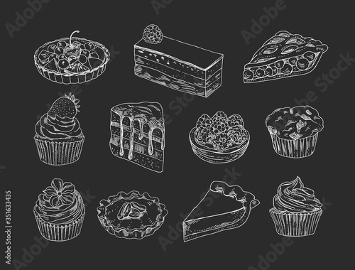 Vintage pastry vector set. Sweet cakes and cupcakes outline illustration collection on black background