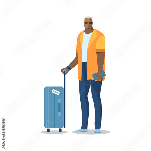 A man with a suitcase, glasses and a summer shirt, a tourist, a traveler in full growth. Vector image in a flat style