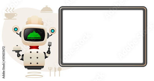Smart cooking chief robot with signboard.Vector illustration of kitchen robot concept sign.