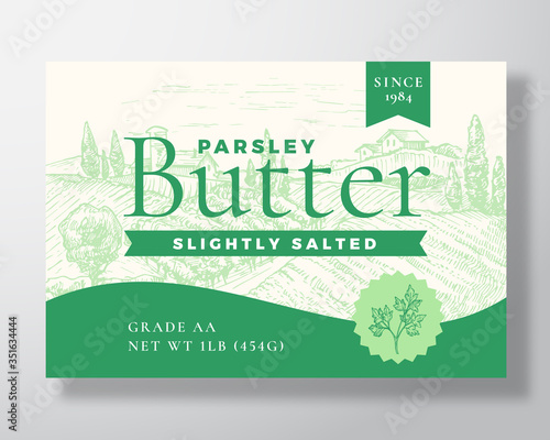 Parsley Salted Butter Dairy Label Template. Abstract Vector Packaging Design Layout. Modern Typography Banner with Hand Drawn Green Herb and Rural Landscape Background.