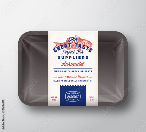 Great Taste Fish Suppliers Abstract Vector Rustic Packaging Design Label on Plastic Tray with Cellophane Cover. Retro Typography and Hand Drawn Surmullet Silhouette Vintage Background Layout.