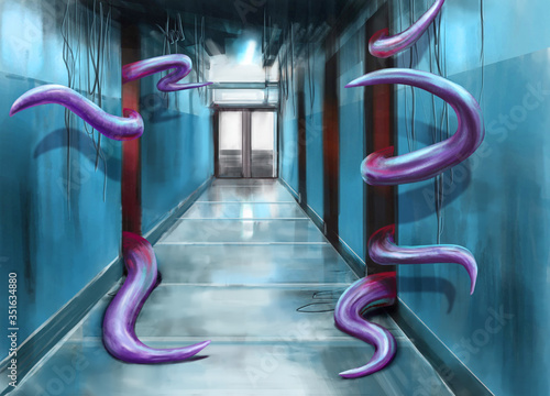 Corridor and purple red tentacles fantasy illustration