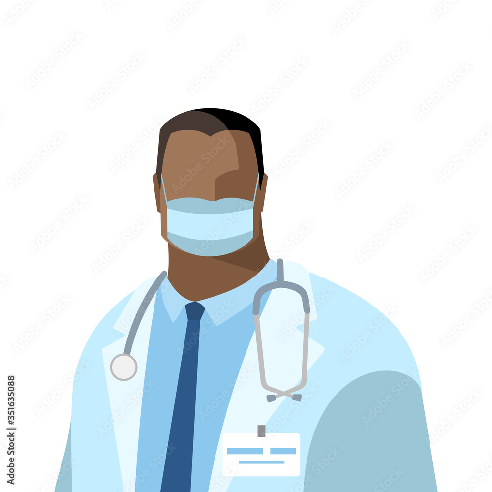 Doctor man. Vector image of a doctor with a stethoscope in a white medical gown and a protective mask. Color isolated illustration, avatar in a flat style