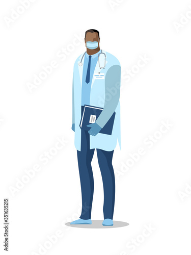Doctor man. Vector image of a full-length doctor with a stethoscope in a white coat, a protective mask and gloves. Color isolated illustration, in a flat style