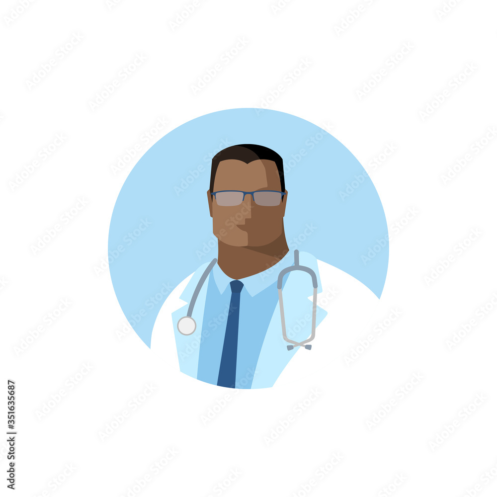 Vector medical doctor icon. Image of a male doctor with a stethoscope in a white medical gown. Color isolated Illustration, avatar in flat style in circle