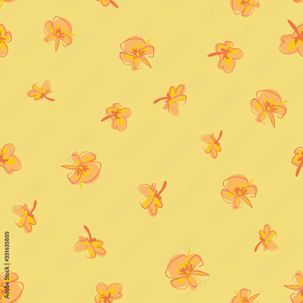 Loose pansies sketches seamless vector pattern. Springtime bloomers surface print design in sunny colors. For girly fabrics, stationery, wrapping paper, textiles, backgrounds, and packaging. Loose pansies sketches seamless vector pattern. Springtime bloomers surface print design in sunny colors. For girly fabrics, stationery, wrapping paper, textiles, backgrounds, and packaging.