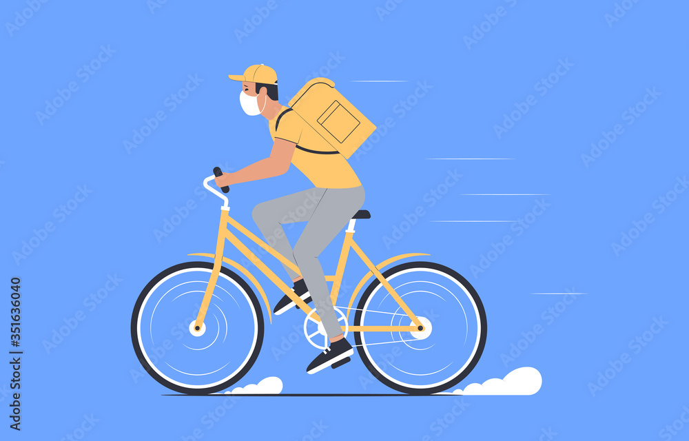 Coronavirus, quarantine delivery. Courier in medical mask on a bicycle. Express delivery. Vector illustration Coronavirus, quarantine delivery. Courier in medical mask on a bicycle. Express delivery. Vector illustration
