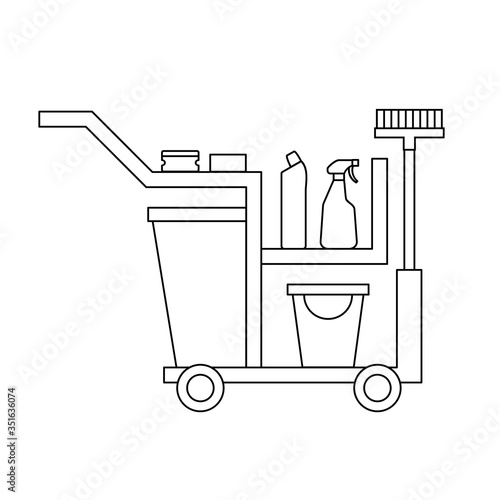 Cleaning trolley line icon. Cleaning service cart. Bucket, broom, detergent, sponge, rag, sanitizer. Black outline on white background. Janitors equipment. Disinfection. Vector illustration, clip art.