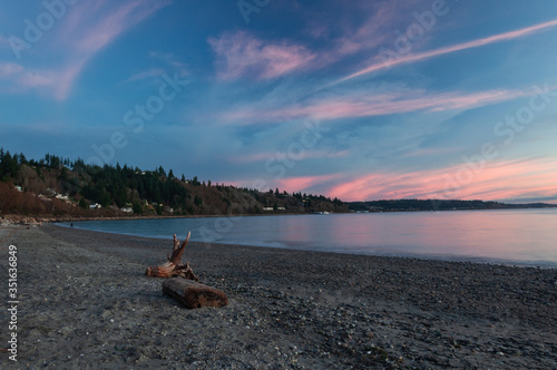 Long exposure shot of coast and waterfront at evening in Picnic Point area, WA, USA