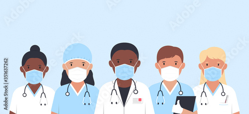 Doctors and nurses together against virus. Medical staff. Doctors with stethoscopes. Vector illustration