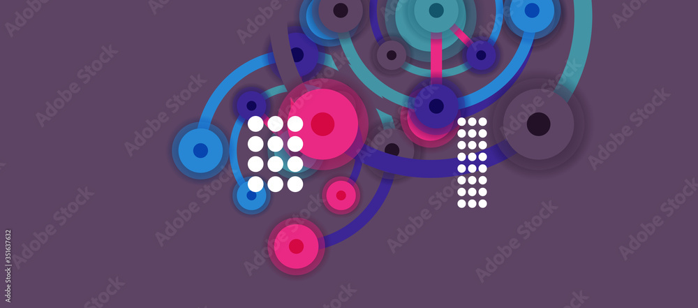Flat style geometric abstract background, round dots or circle connections on color background. Technology network concept. Flat style geometric abstract background, round dots or circle connections on color background. Technology network concept.
