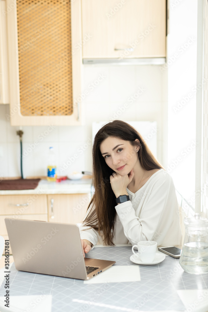 The businesswoman working with laptop in kitchen at home The businesswoman working with laptop in kitchen at home