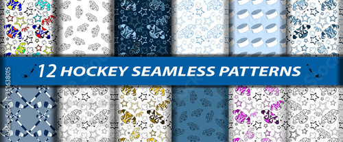 Set of seamless hockey patterns. Vector elements of stars, shoulder pads, hockey sticks,
Maple leaves. Endless repeating hockey textures for banners, wallpapers, fabric prints, greeting cards, etc.