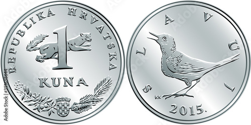 Croatian 1 kuna coin, Nightingale on reverse, marten, coat of arms, state title and indication of value on obverse, official coin in Croatia