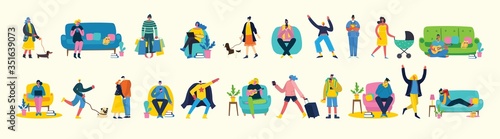 Vector illustration background in flat design of group people doing different activity