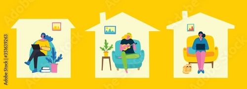 Stay at home. The girl staying at home and playing little guitar ukulele for prevent virus Covid19 in the flat style