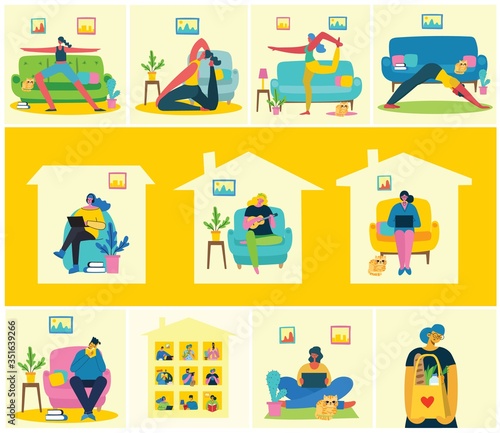 Stay at home. People staying at home and doing different activities for prevent virus Covid19 in the flat style