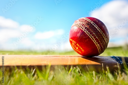 Cricket bat and red leather ball background photo