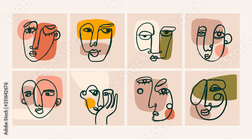 Modern abstract Faces. Various face expressions. Contemporary female and male silhouettes. Hand drawn Outline Vector illustrations. Continuous line, minimalistic concept. All elements are isolated