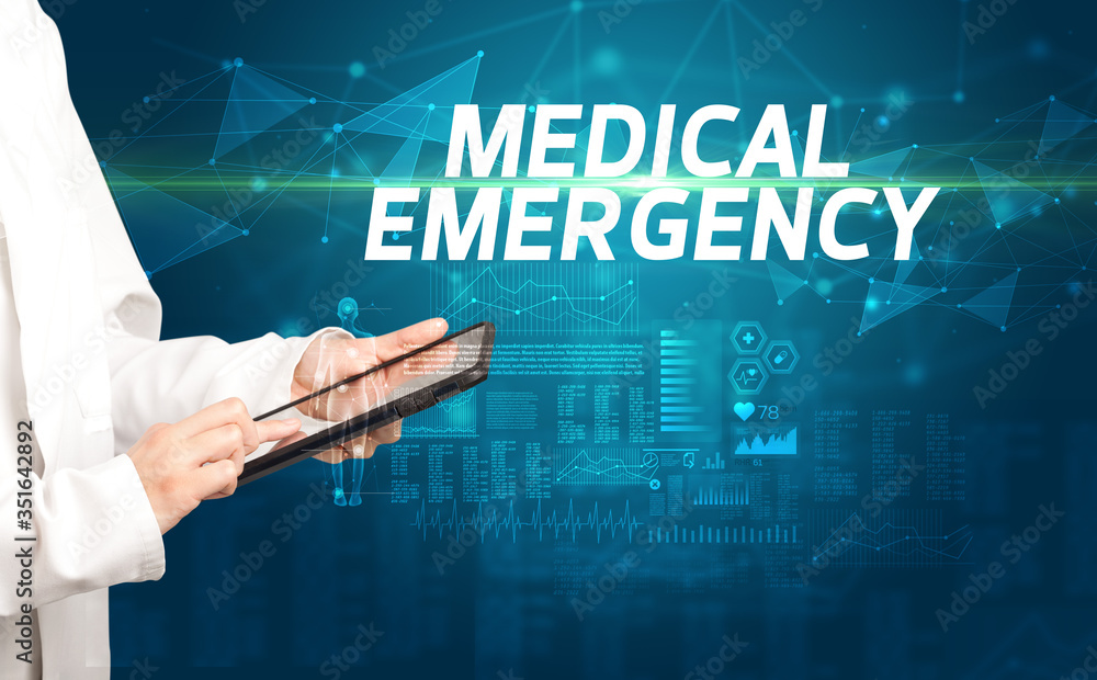 doctor writes notes on the clipboard with MEDICAL EMERGENCY inscription, medical diagnosis concept doctor writes notes on the clipboard with MEDICAL EMERGENCY inscription, medical diagnosis concept