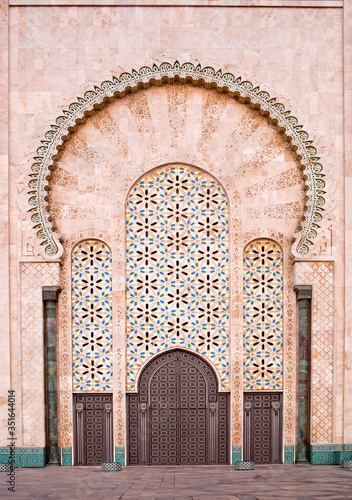 Exterior detail of famous Hassan II Mosque in Casablanca, Morocco, Africa. The Mosque is the largest mosque in Morocco and the third largest mosque in the world.