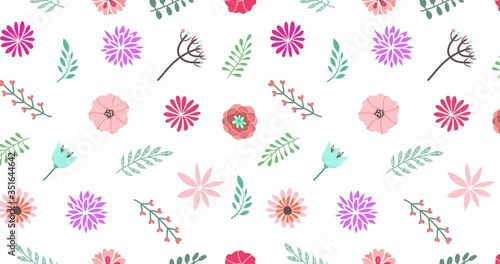 Vector floral pattern in doodle style with flowers and leaves on white background. Gentle, spring floral background. Loop animation 4K