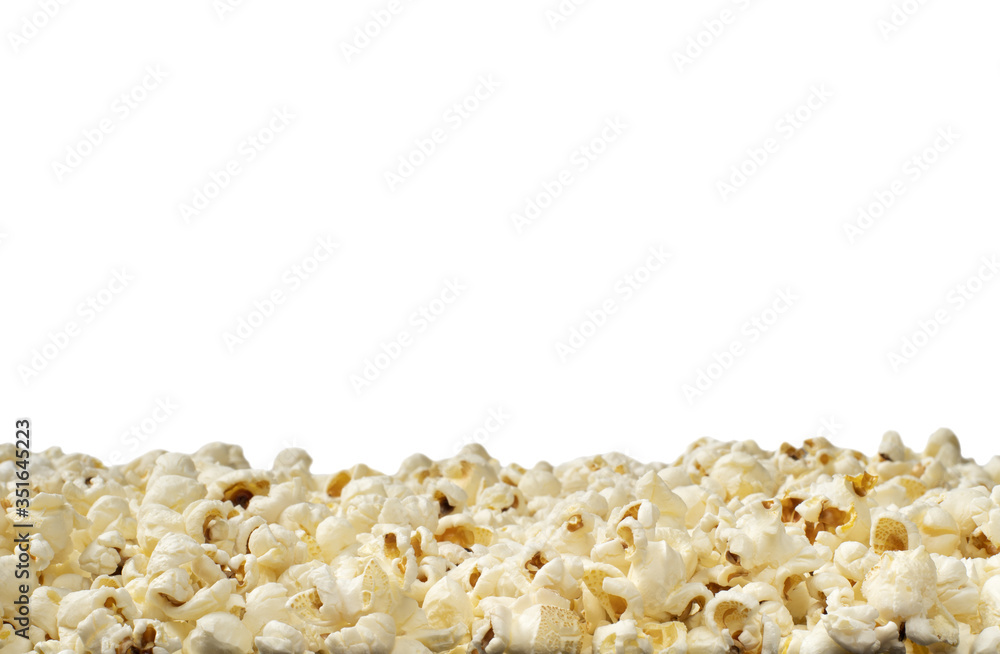 Popcorn on a white isolated background. Frame at the bottom of the frame Popcorn on a white isolated background. Frame at the bottom of the frame