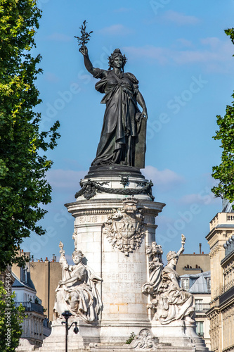 Paris, France - May 14, 2020: Marianne bronze statue, national symbol of the French Republic at Place de la Republique in Paris photo