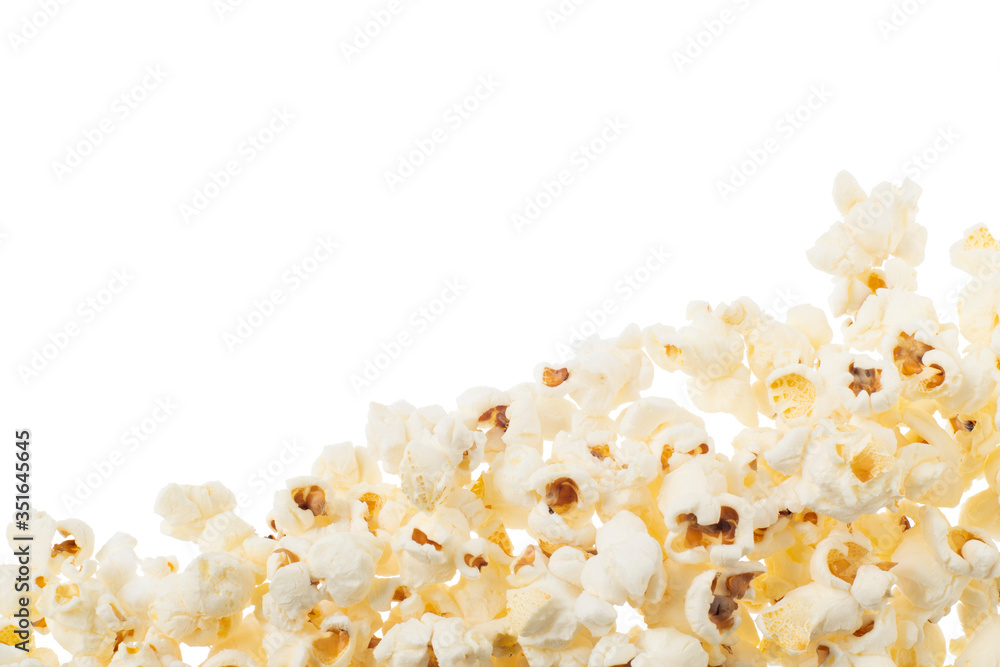Popcorn on a white isolated background. Diagonal frame at the bottom of the frame