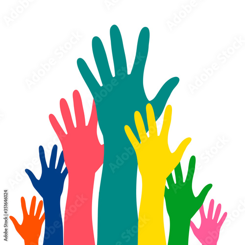 Hands up career symbol colorful vector illustration. Hands silhouettes cultural and ethnic diversity. Multinational concept of team, volunteer, group, association, company, partnership