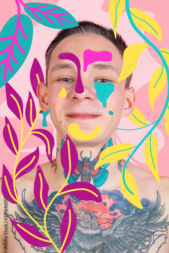 Portrait of a young man with freaky appearance, look and bright colorful painted design. Retro and magazine style, modern vision of males beauty and fashion, artwork. Copyspace. Summer's garden.