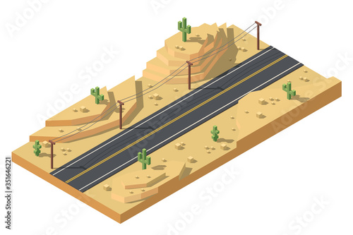 Isometric desert landscape. Road in desert illustration. Game location concept design.