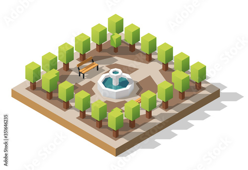 Vector isometric low poly green park. City recreation area.