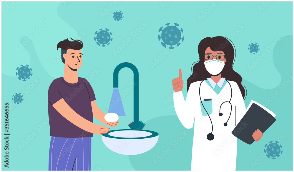 Virologist raised his index finger up, a man washes his hands with soap. The doctor warns of the need to wash your hands thoroughly. Around them is the virus KOVID-19 Vector, two characters man, woman