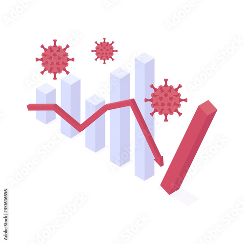 Coronavirus economic crisis isometric vector illustration - business column chart with red arrow and falling column