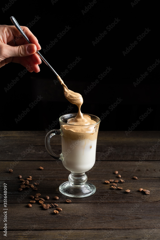 Dalgona korean coffee trendy drink with whipped instant coffee and