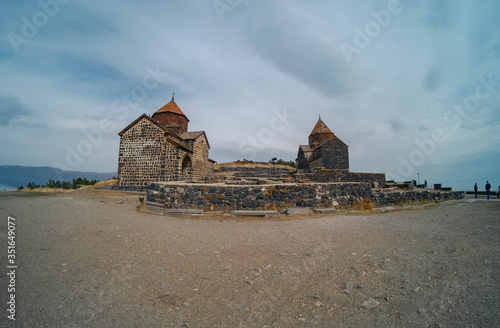 The monastic complex Sevanavank on a peninsula at the northwestern shore of Lake Sevan in Armenia