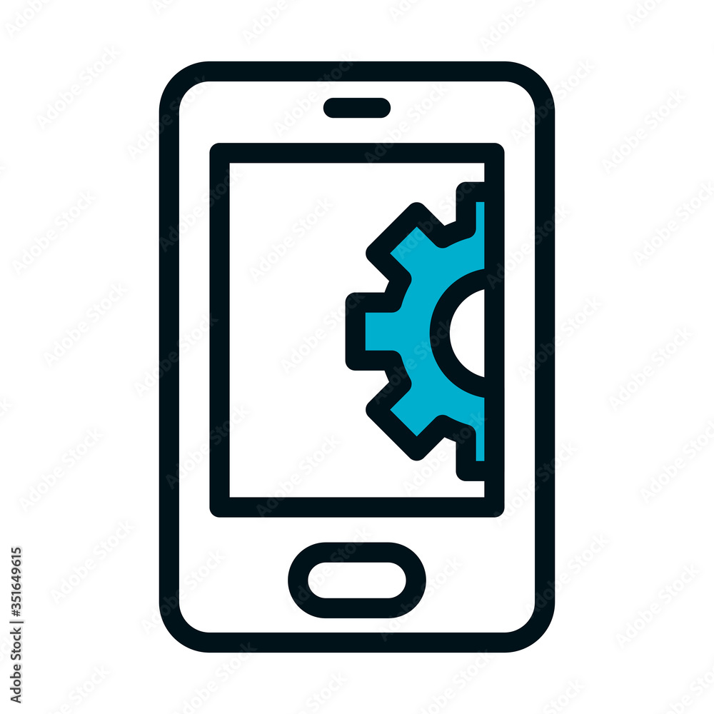 SEO and marketing online concept, smartphone with gear wheel icon, half color half line style SEO and marketing online concept, smartphone with gear wheel icon, half color half line style
