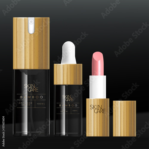 Vector Beauty Bamboo or Wood Packaging Set with Serum Pump Bottle, Dropper Bottle & Lipstick Tube. Glossy Transparent Tinted Black Glass or Plastic.
