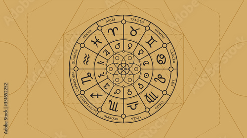 Zodiac circle with astrological signs of the horoscope on a golden background with a geometric pattern.