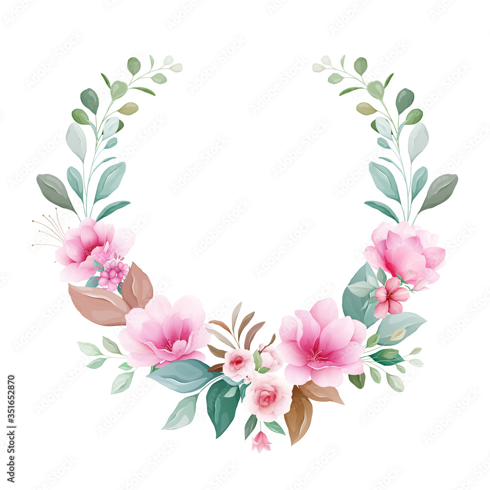 Floral wreath vector. Botanic decoration illustration of pink and peach sakura, leaves, branches. Botanic composition for wedding or greeting card design, logo, etc