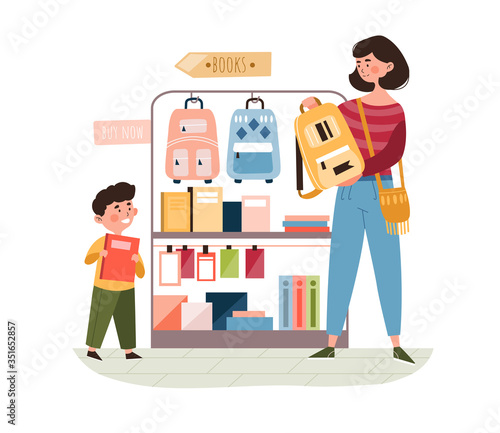 Mother and son buying school supplies in a store selecting a new backpack off the rack, colored vector illustration