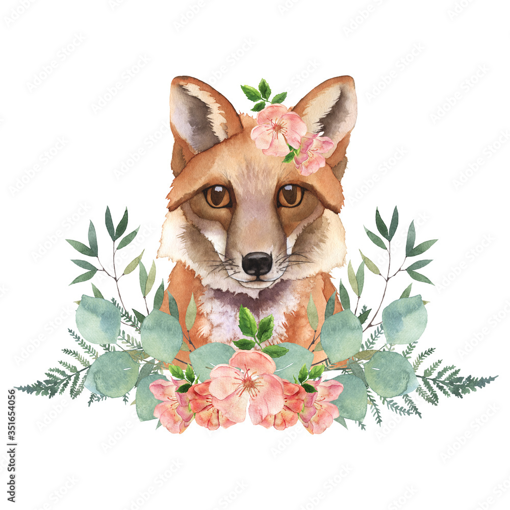 Plakat Akwarela Fox z zielonymi gałązkami i kwiatami. Ilustracja leśnych przedszkoli leśnych. Czeski rysunek na plakat przedszkola, wzory.