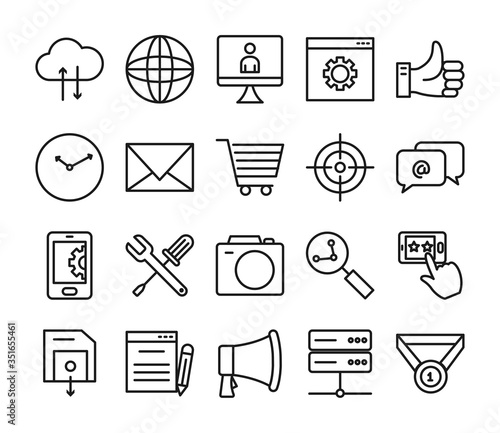global sphere, Seo and marketing online icon set, line style